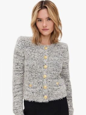 TAHARI Tan Metallic Thread Bouclé Cardigan Sweater S NWT
